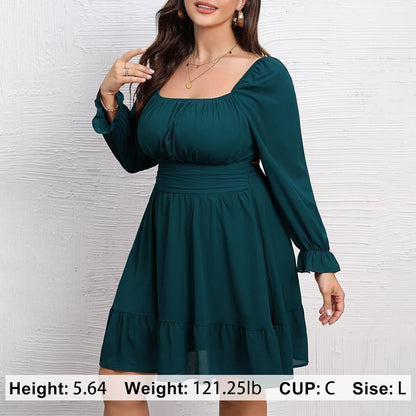 Byinns Women'S plus Size Tie Back Square Neck Mini Dress Long Lantern Sleeve Elastic Waist Wedding Guest Dresses 2023