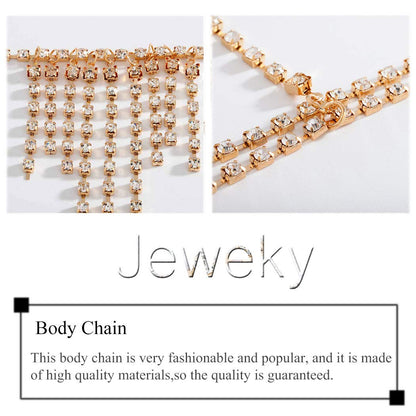 Jeweky Boho Rhinestone Body Chain Gold Crystal Harness Body Jewelry Beach Bikini Bra Jewelry for Women and Girls Apparel & Accessories > Jewelry > Body Jewelry Artist Unknown   