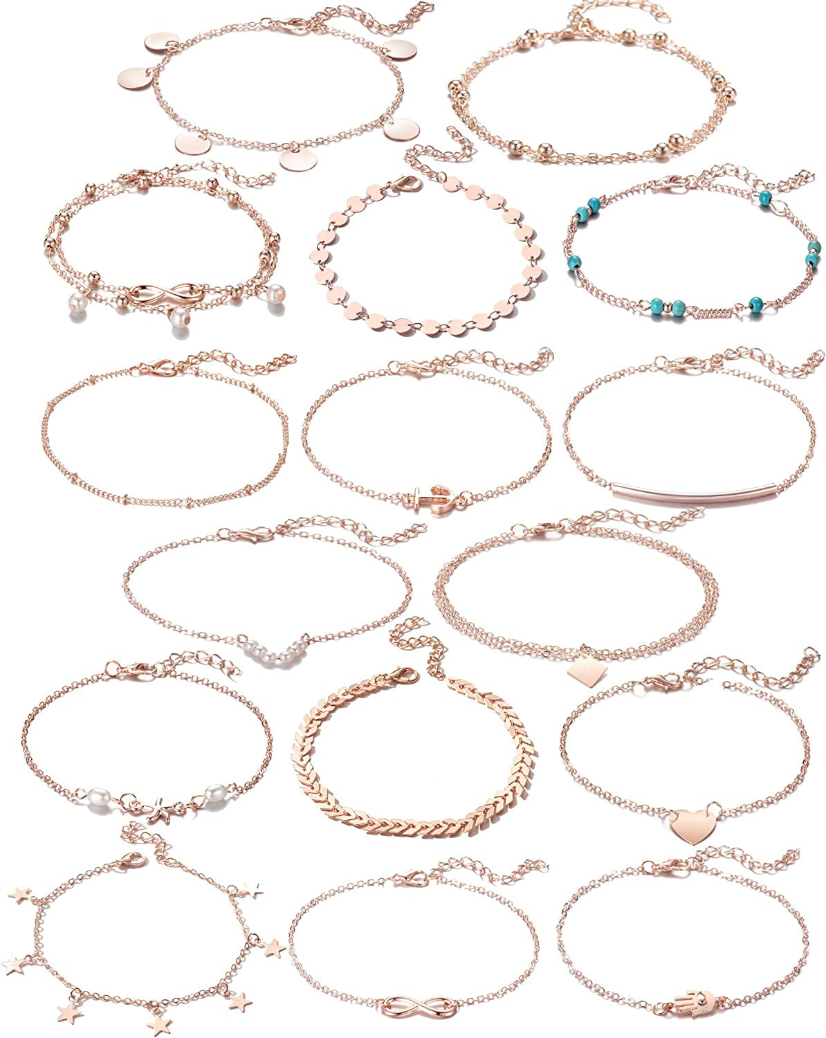 Softones 16Pcs Ankle Bracelets for Women Girls Gold Silver Two Style Chain Beach Anklet Bracelet Jewelry Anklet Set,Adjustable Size Apparel & Accessories > Jewelry > Anklets Softones D:Rose Gold  