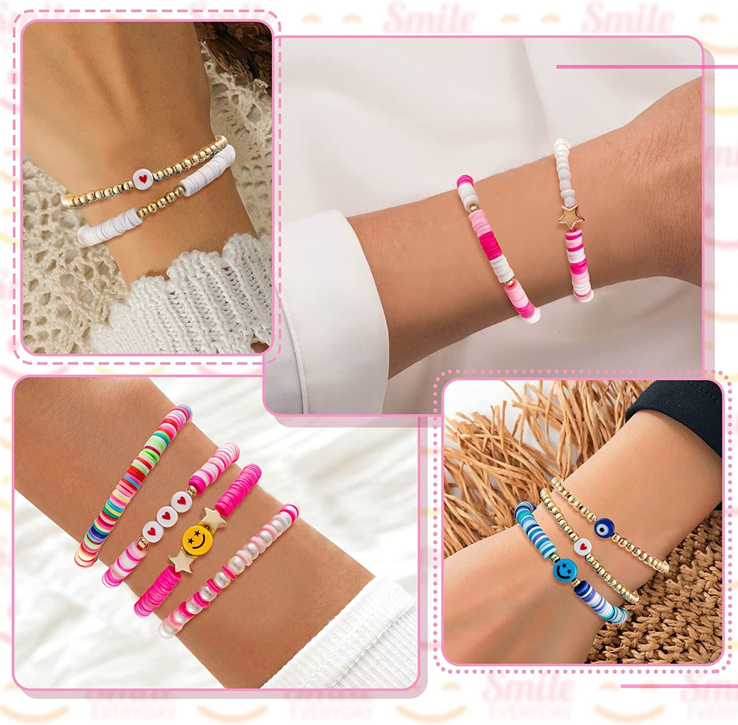 Lietoi Preppy Heishi Bracelets Set Colorful White Gold Smile Heart Star Evil Eye Beaded Polymer Clay Pearl Stackable Charm Y2K Kidcore Summer Beach Bohemian Layering Bracelets Jewelry for Women Girls Teens Apparel & Accessories > Jewelry > Bracelets LieToi   