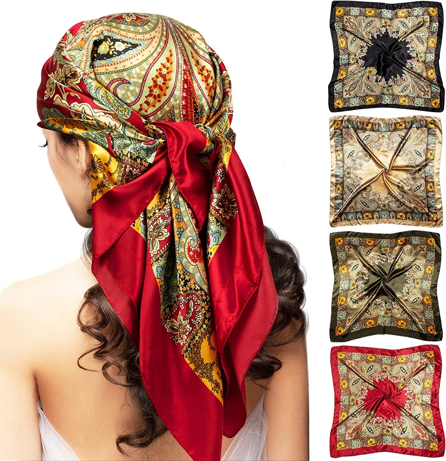 Chalier 4 Pcs Silk Feeling Head Scarf for Women, 35 X 35 Inches Silky Satin Neck Head Hair Scarf for Women Fashion Soft Silk Bandana Beautiful Gifts Apparel & Accessories > Clothing Accessories > Bandanas & Headties Chalier Fashion   