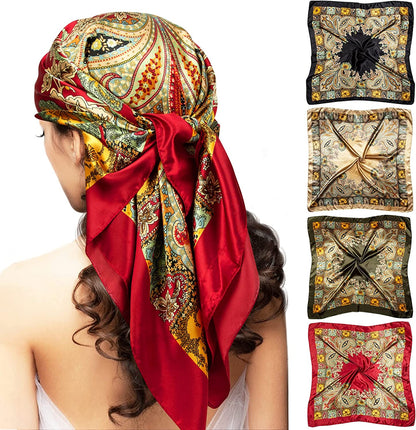 Chalier 4 Pcs Silk Feeling Head Scarf for Women, 35 X 35 Inches Silky Satin Neck Head Hair Scarf for Women Fashion Soft Silk Bandana Beautiful Gifts Apparel & Accessories > Clothing Accessories > Bandanas & Headties Chalier Fashion   