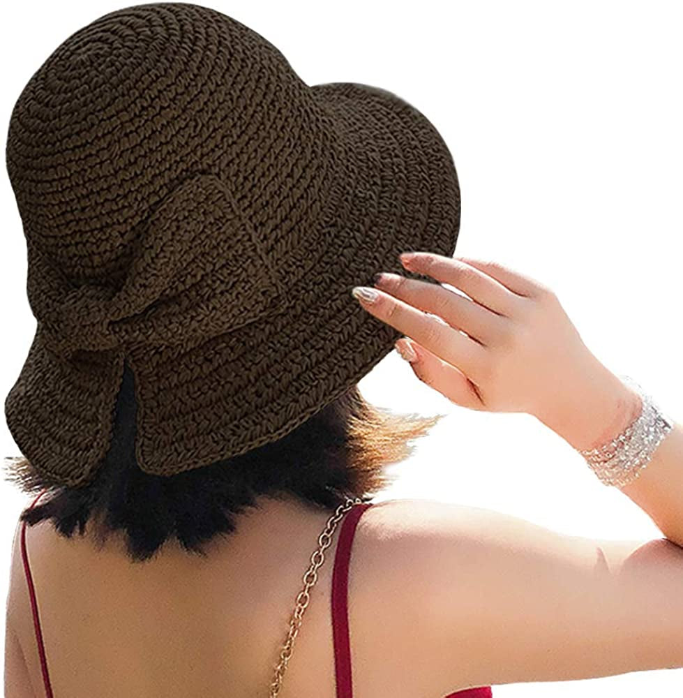 Foldable Wide Brim Floppy Straw Beach Sun Hat,Summer Cap with Bowknot for Women Girls,Strap Adjustable Apparel & Accessories > Clothing Accessories > Hats Bseash 1 Pack Brown  