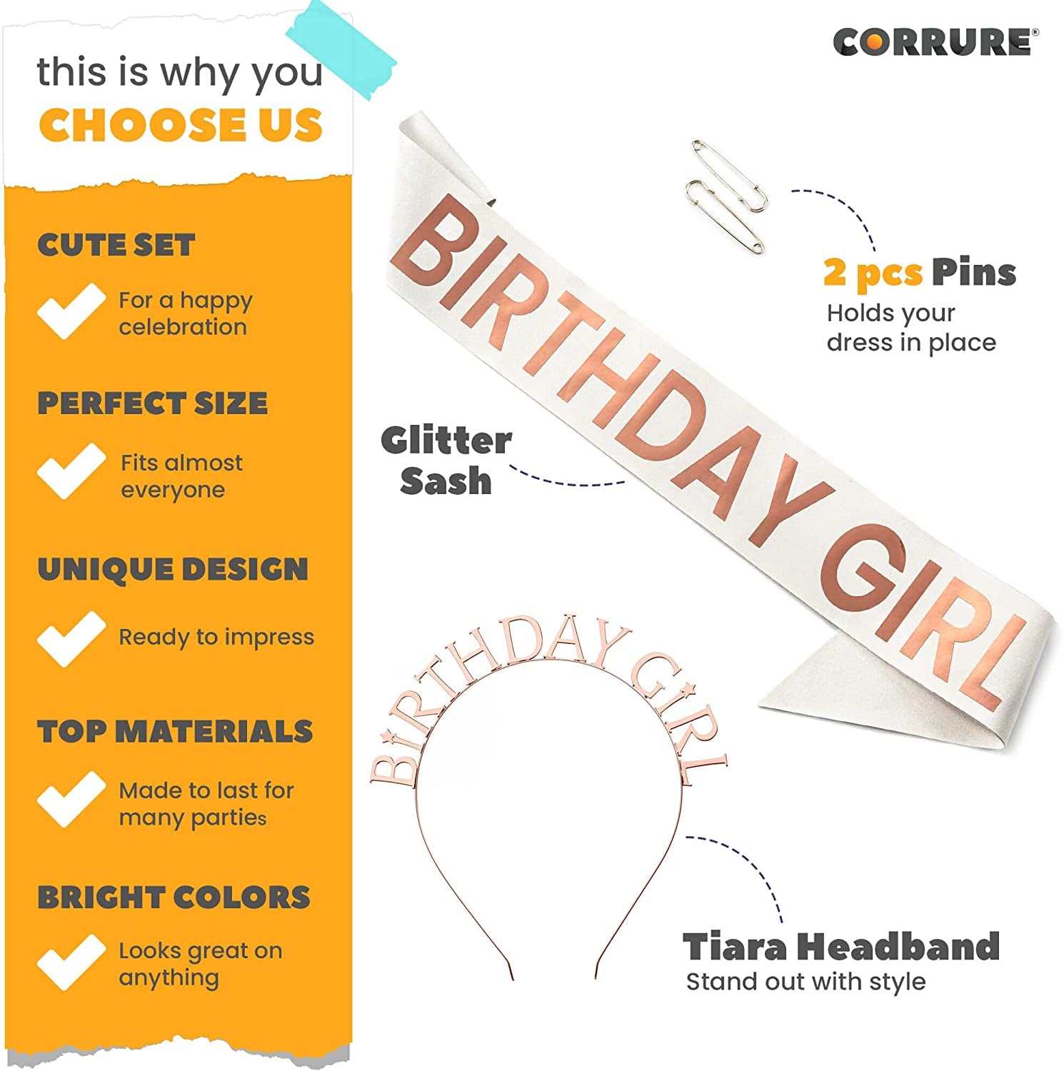 CORRURE 'Birthday Girl' Sash and Headband Tiara - White Glitter with Rose Gold Foil Happy Birthday Sash and Tiara for Women - Party Favors Supplies and Decorations for 18Th 21St 30Th 40Th Bday Party Apparel & Accessories > Clothing Accessories > Sashes Pego Brands General   