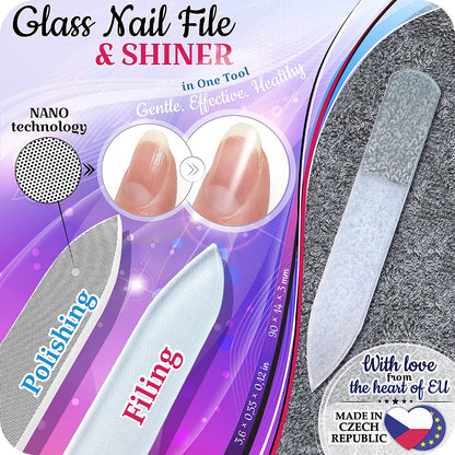 Genuine Czech Glass Nail File Set - Multi-Functional Shiner Buffer, Callus Remover Foot Rasp, Precision Filing Cuticle Pusher, Etched Surface, Manicure & Pedicure, Professional Care, Quality by GLADZY Health & Beauty > Personal Care > Foot Care Gladzy   