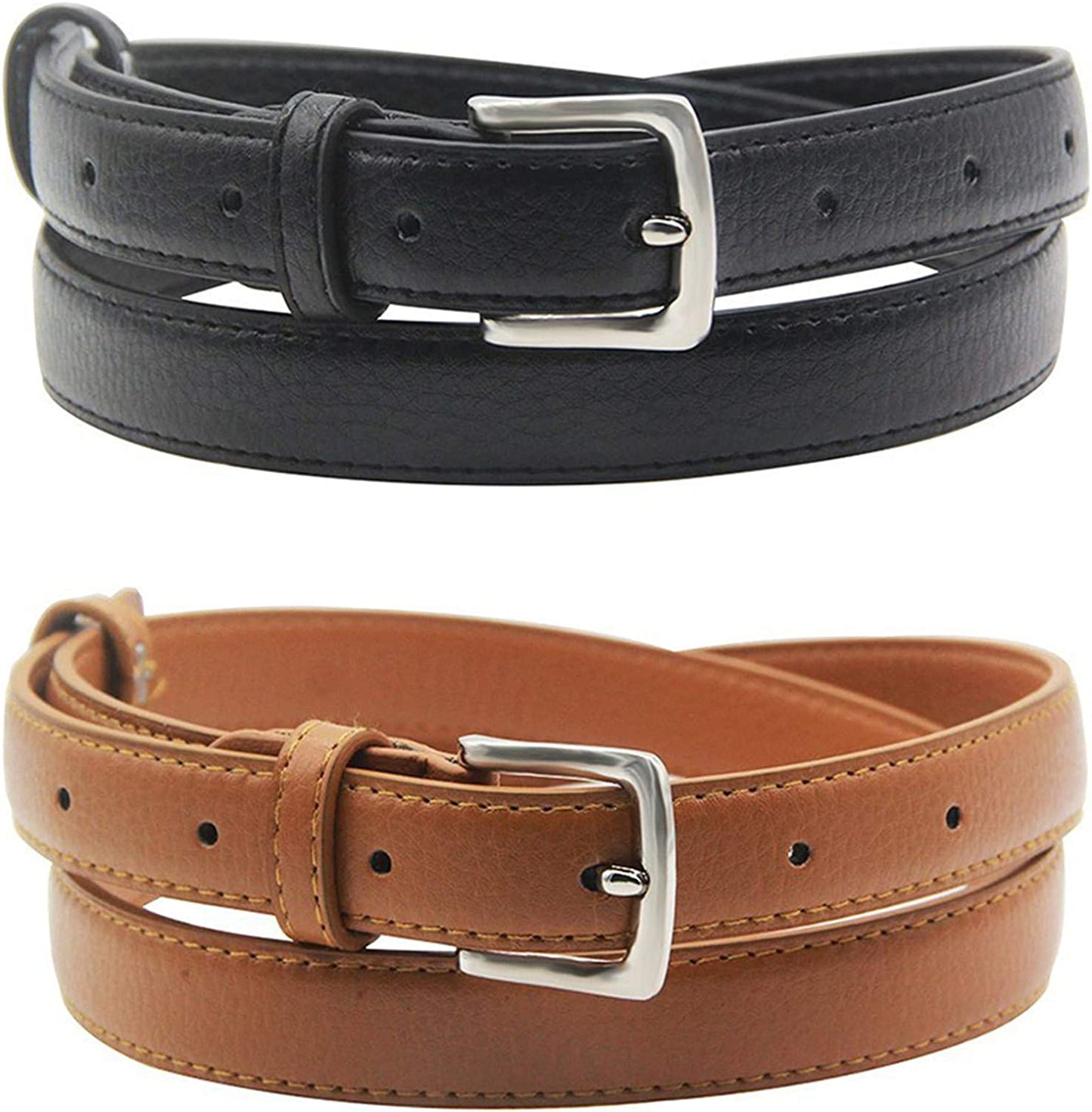 Maikun Womens Belt Skinny Leather Solid Color Pin Buckle Simple Waist for Girls Ladies Apparel & Accessories > Clothing Accessories > Belts maikun 2 Pack. Black+brown 46.5" long, for waist size 39-42" 
