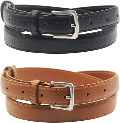 Maikun Womens Belt Skinny Leather Solid Color Pin Buckle Simple Waist for Girls Ladies Apparel & Accessories > Clothing Accessories > Belts maikun 2 Pack. Black+brown 46.5" long, for waist size 39-42" 
