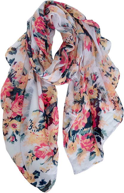 GERINLY Lightweight Scarves Fashion Flowers Print Women Cotton Wrap Scarf Head Shawl for Fall Apparel & Accessories > Clothing Accessories > Scarves & Shawls GERINLY White  