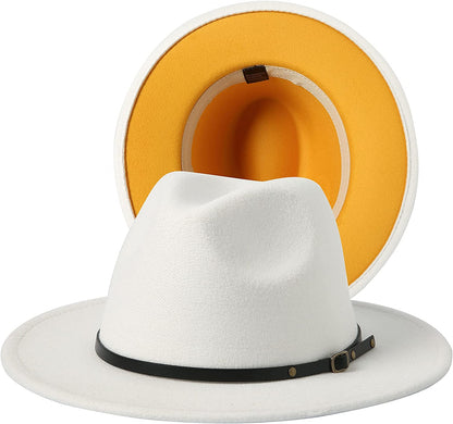 JOYEBUY Women Lady Two Tone Wide Brim Panama Hat Patchwork Colors Classic Fedora Hat with Belt Buckle Apparel & Accessories > Clothing Accessories > Hats JOYEBUY White/Yellow One Size 