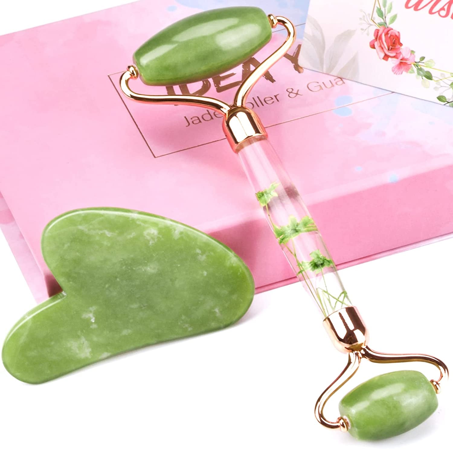 Ideayard Face Roller and Gua Sha Set - Jade Roller anti Aging Massager Tool - Natural Jade Roller for Face and Guasha Stone for Body - Beauty Roller Skin Care Tools Kit for Slimming & Firming Health & Beauty > Personal Care > Cosmetics > Cosmetic Tools > Skin Care Tools ideayard Green-flower set  