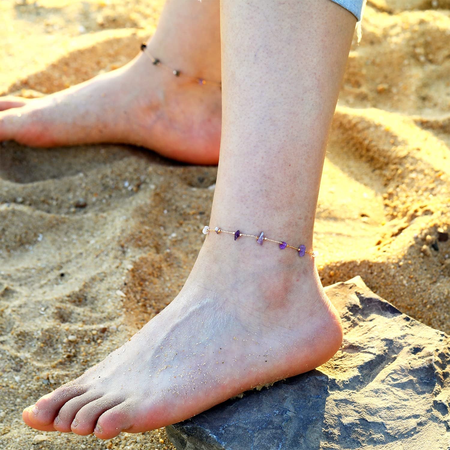 FUNEIA Gold Ankle Bracelets for Women 14K Gold Plated Anklet for Women Daisy Moon Star Evil Eye Anklet Boho Beach Foot Chain Adjustable Dainty Foot Jewelry Apparel & Accessories > Jewelry > Anklets FUNEIA   