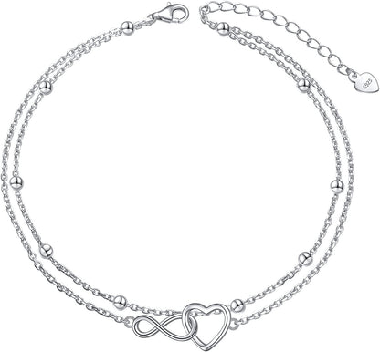 Flyow Anklet for Women S925 Sterling Silver Adjustable Foot Beaded Infinity/Heart/Angel Wing/Turtle Ankle Bracelet Anklets Jewelry Gift Apparel & Accessories > Jewelry > Anklets Silver Light Jewelry layered heart infinity  