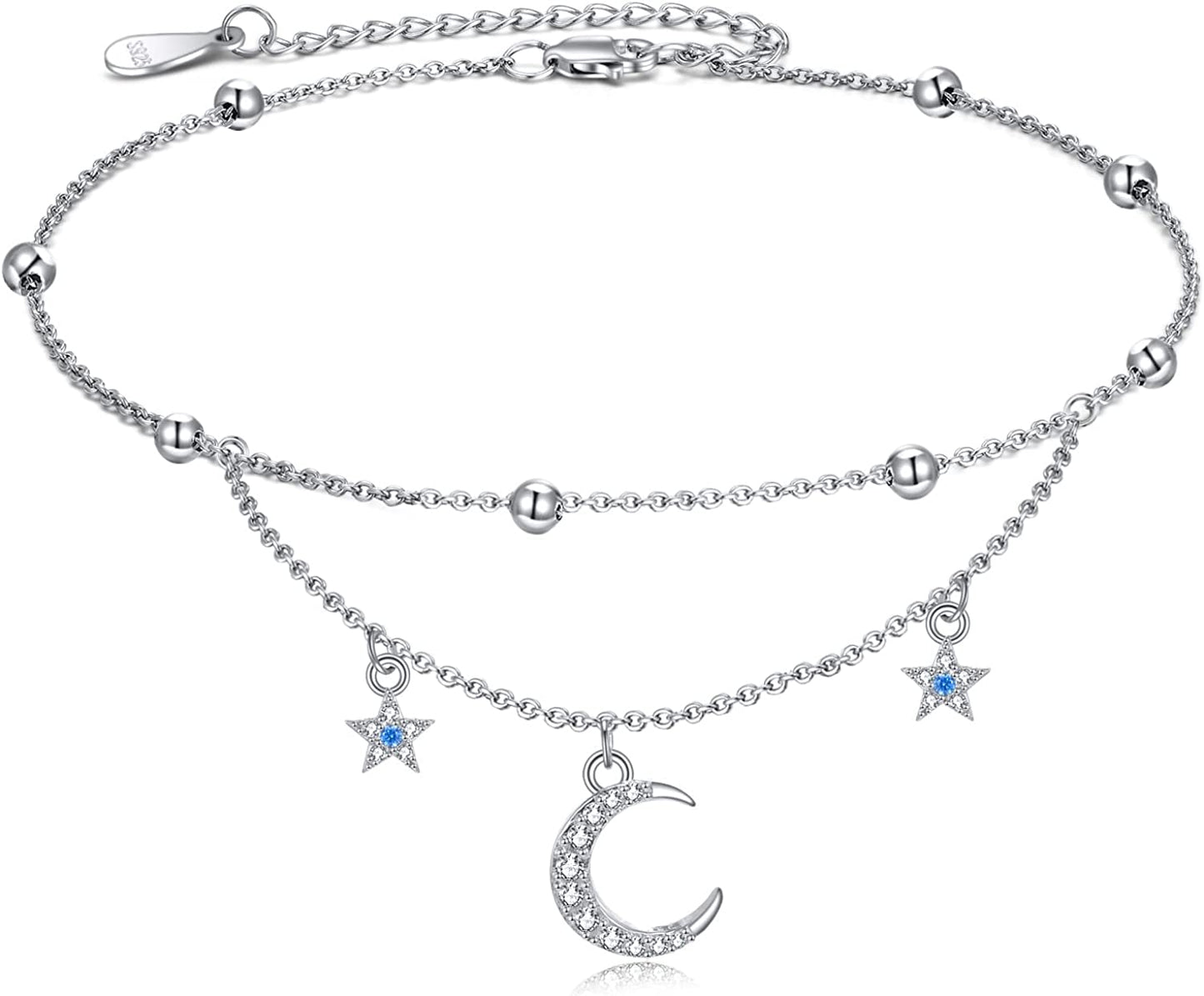 Evil Eye/Hamsa/Moon Star/Sunflower/Cross/Sea Turtle Ankle Bracelet 925 Sterling Silver Adjustable Anklets Jewelry Gifts for Women Apparel & Accessories > Jewelry > Anklets MONGAS Moon Star  