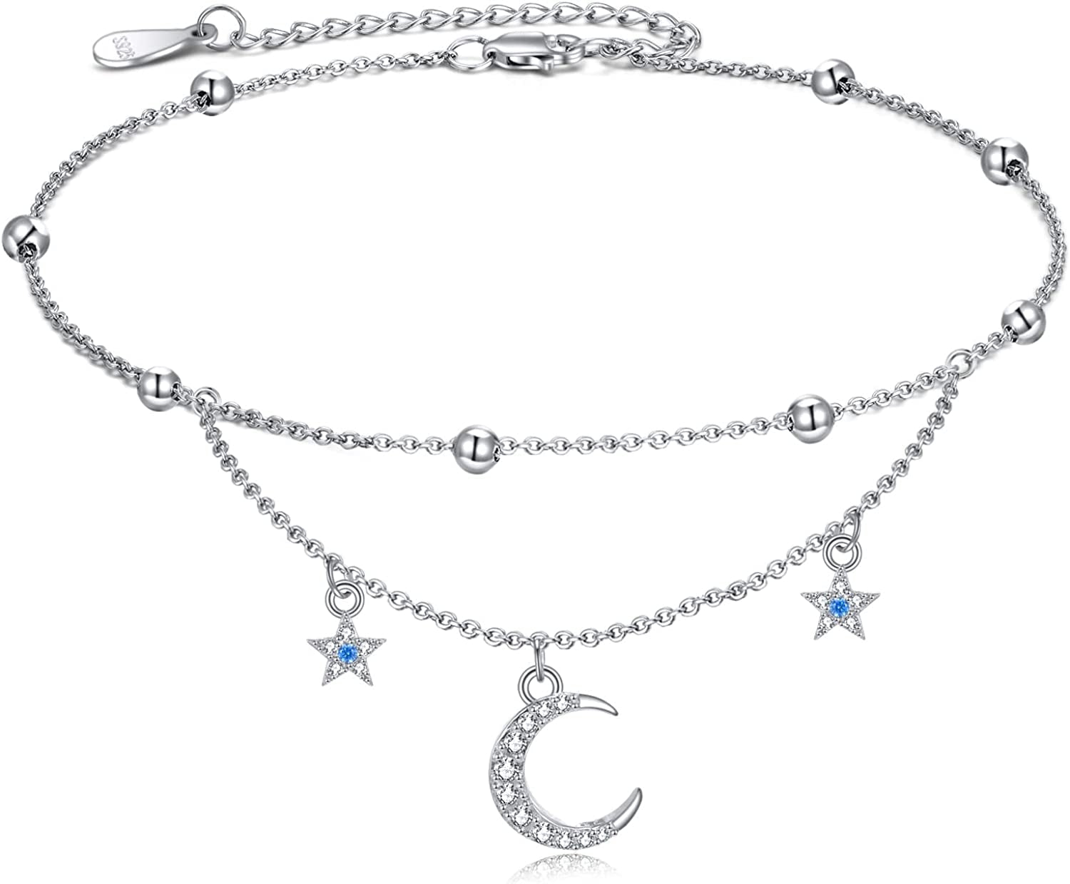 Evil Eye/Hamsa/Moon Star/Sunflower/Cross/Sea Turtle Ankle Bracelet 925 Sterling Silver Adjustable Anklets Jewelry Gifts for Women Apparel & Accessories > Jewelry > Anklets MONGAS Moon Star  
