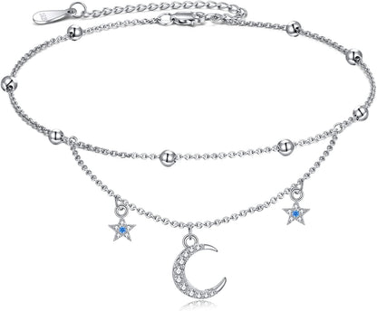 Evil Eye/Hamsa/Moon Star/Sunflower/Cross/Sea Turtle Ankle Bracelet 925 Sterling Silver Adjustable Anklets Jewelry Gifts for Women Apparel & Accessories > Jewelry > Anklets MONGAS Moon Star  