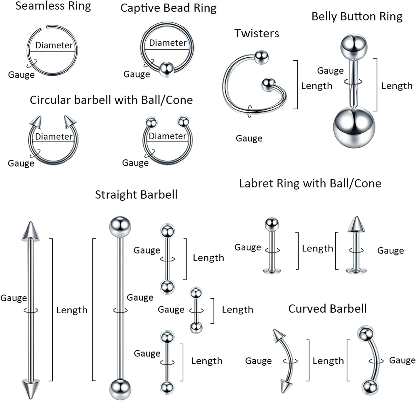Oveta 55-150PCS Body Piercing Jewelry Lot 14G 16G 20G Stainless Steel Nose Lip Tongue Cartilage Tragus Eyebrow Industrial Barbell Belly Button Rings Piercing Kit Jewelry Apparel & Accessories > Jewelry > Body Jewelry Oveta   