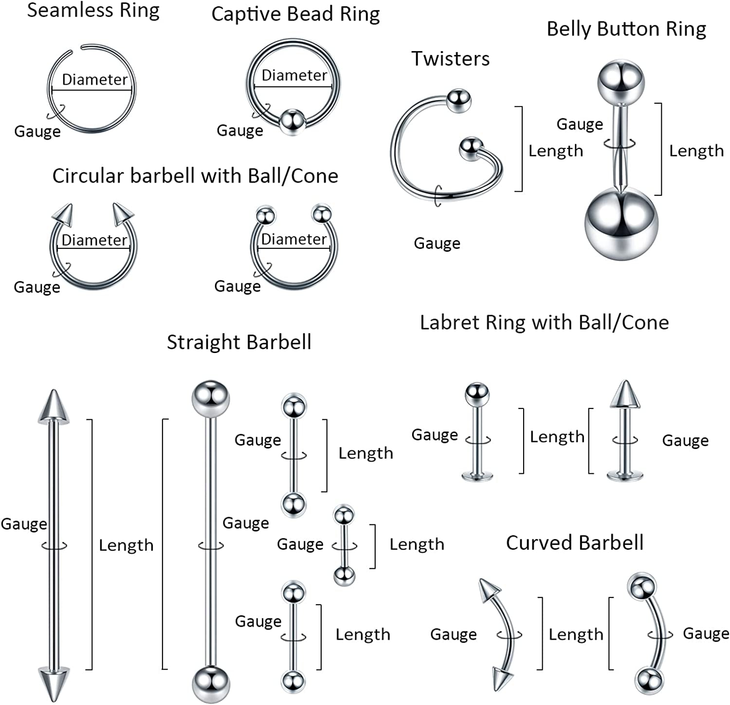 Oveta 55-150PCS Body Piercing Jewelry Lot 14G 16G 20G Stainless Steel Nose Lip Tongue Cartilage Tragus Eyebrow Industrial Barbell Belly Button Rings Piercing Kit Jewelry Apparel & Accessories > Jewelry > Body Jewelry Oveta   