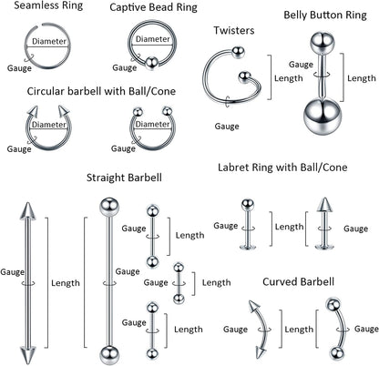Oveta 55-150PCS Body Piercing Jewelry Lot 14G 16G 20G Stainless Steel Nose Lip Tongue Cartilage Tragus Eyebrow Industrial Barbell Belly Button Rings Piercing Kit Jewelry Apparel & Accessories > Jewelry > Body Jewelry Oveta   