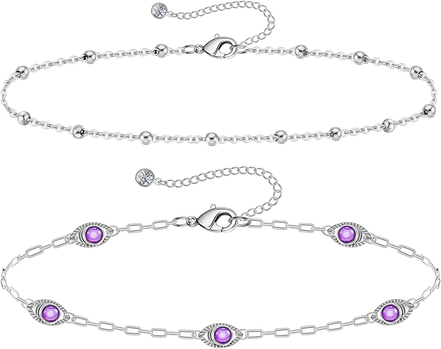 Gold Ankle Bracelets for Women 14K Gold Plated Anklet Silver Tennis Rose Quartz Cross Bead Herringbone Snake Paperclip Chain Cubic Zirconia Dainty Layered Anklet Set 3Pcs Apparel & Accessories > Jewelry > Anklets WeSparking ZA-WG-Purple Evil Eye  