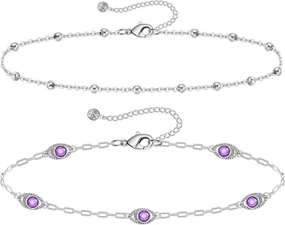 Gold Ankle Bracelets for Women 14K Gold Plated Anklet Silver Tennis Rose Quartz Cross Bead Herringbone Snake Paperclip Chain Cubic Zirconia Dainty Layered Anklet Set 3Pcs Apparel & Accessories > Jewelry > Anklets WeSparking ZA-WG-Purple Evil Eye  
