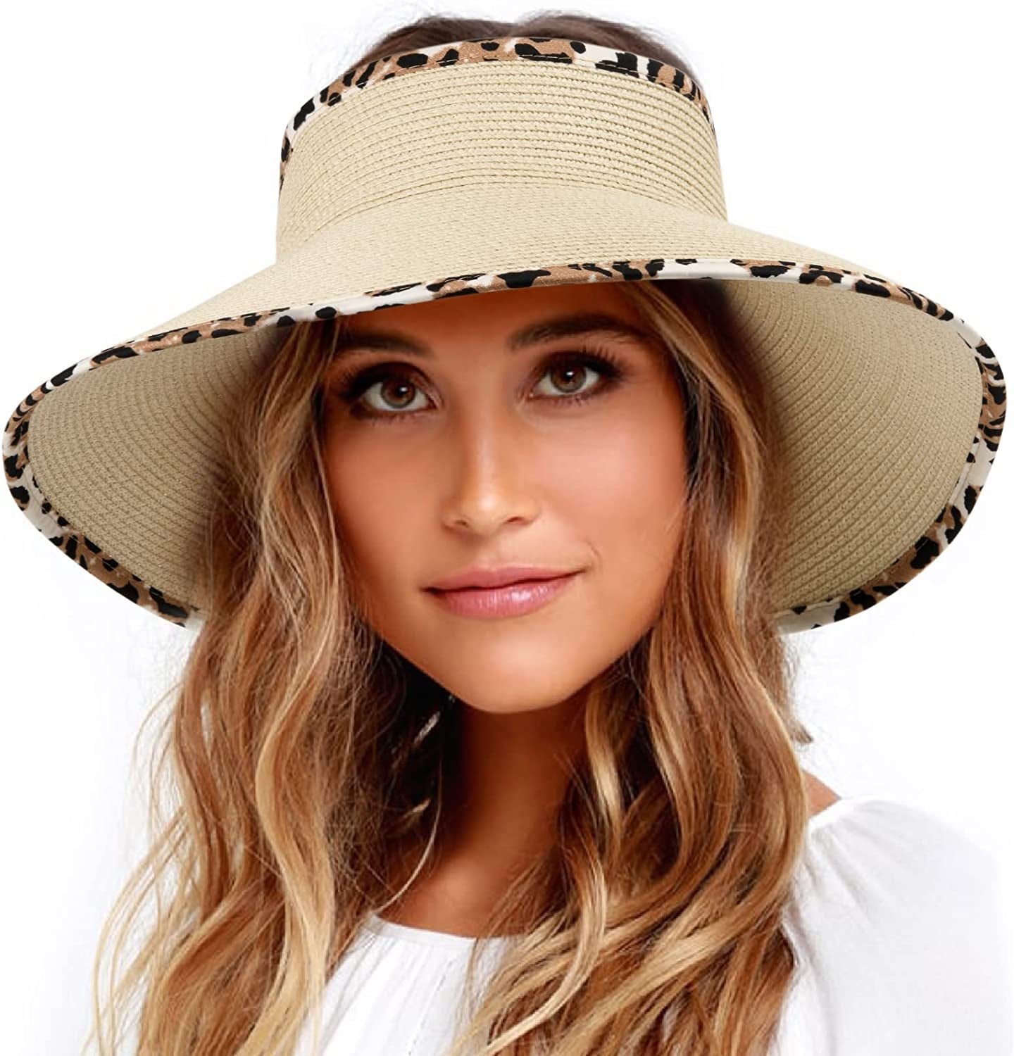 FURTALK Sun Visor Hats for Women Wide Brim Straw Roll up Ponytail Summer Beach Hat UV UPF Packable Foldable Travel Apparel & Accessories > Clothing Accessories > Hats KYLIE MAX Beige Leopard Medium 