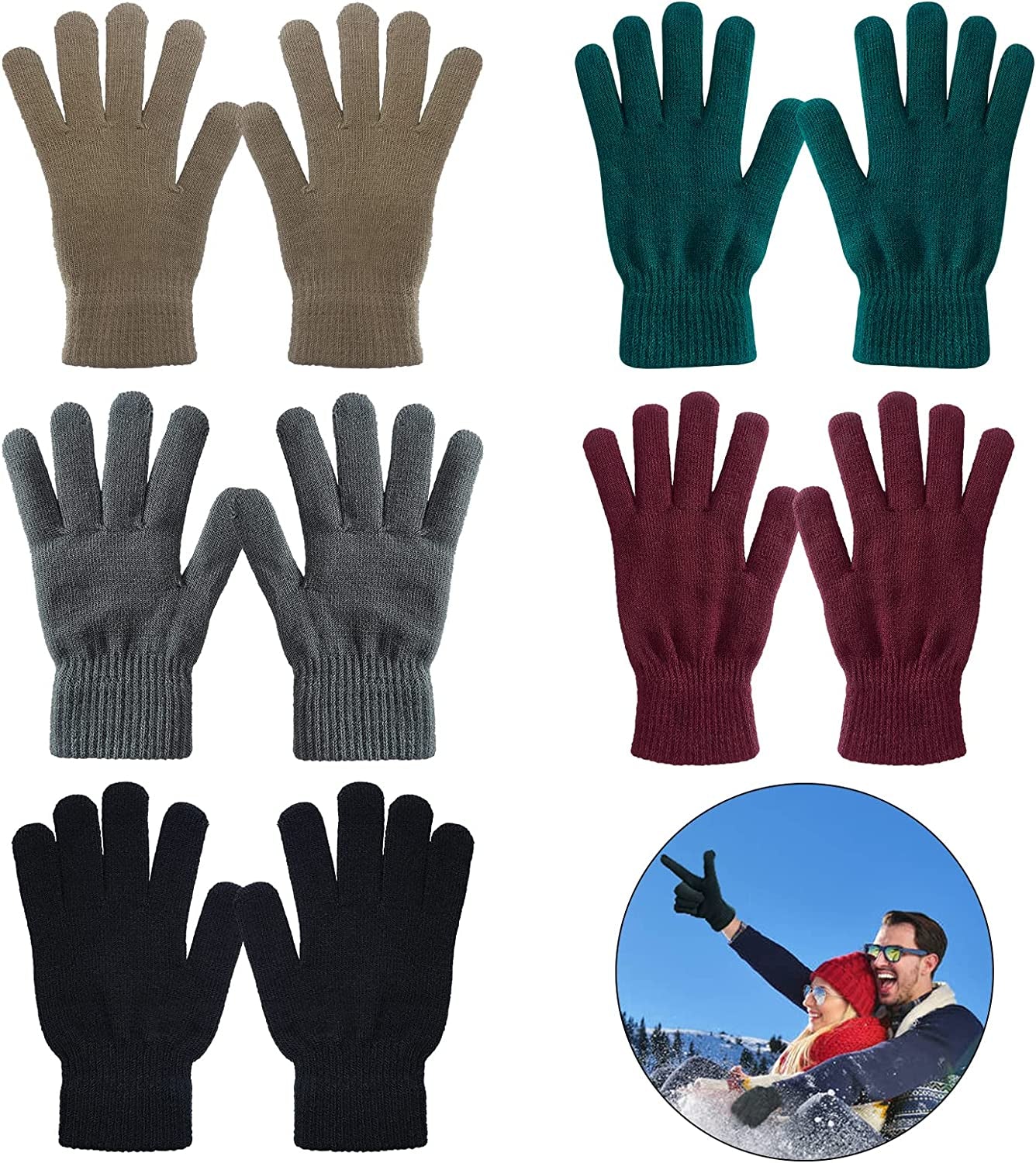 GLEDLOVES 5 Pairs Winter Knitted Magic Elastic Gloves for Unisex Gloves Knit Full Fingers Warm Gloves for Men Women. Apparel & Accessories > Clothing Accessories > Gloves & Mittens GLEDLOVES Large  