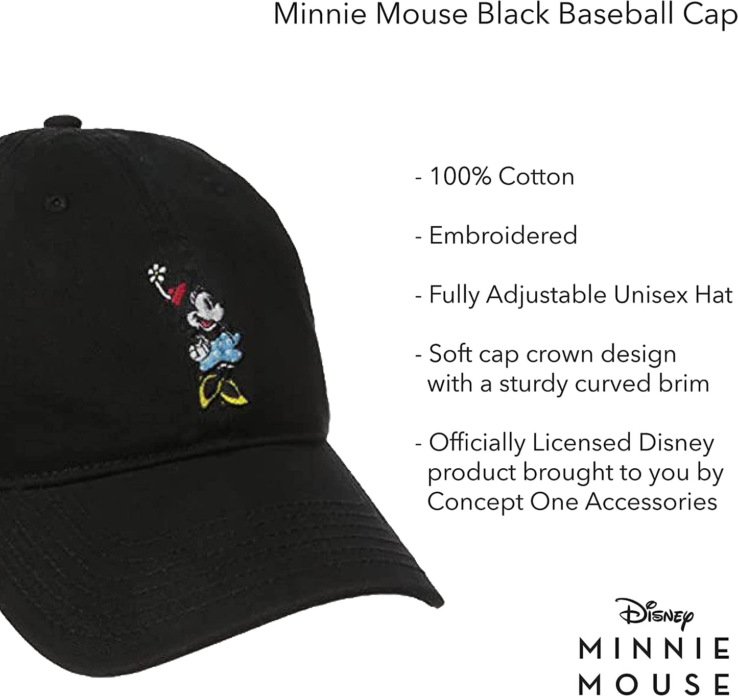 Concept One Disney Minnie Mouse Embroidered Cotton Adjustable Dad Hat, Baseball Cap with Curved Brim Apparel & Accessories > Clothing Accessories > Hats Concept One   