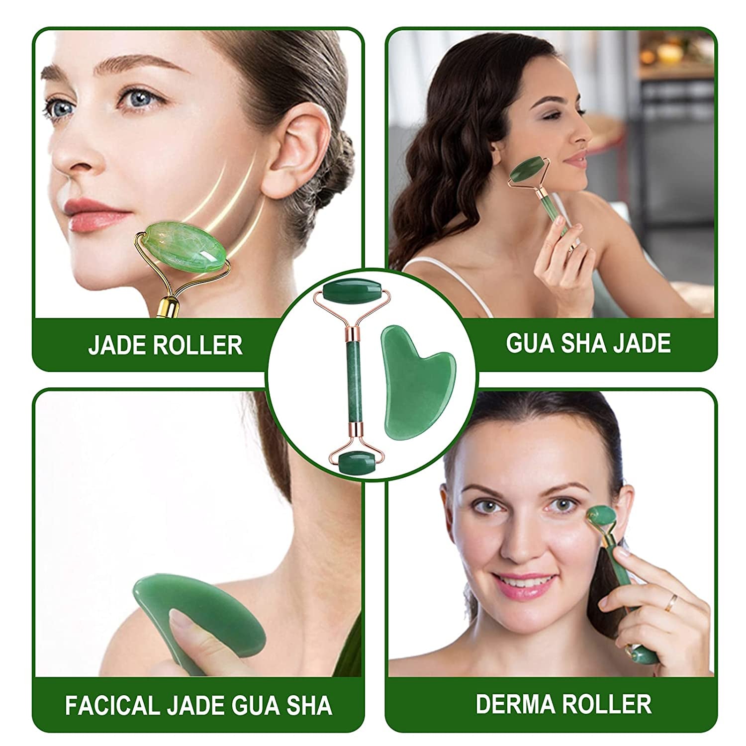 Jade Roller and Gua Sha, Natural Face Jade Roller, Anti-Aging Facial Beauty Roller Skin Care Tools for Face, Eyes, Neck, Body Muscle Relaxing and Relieve Fine Lines and Wrinkles,With Mask Brush(Green) Health & Beauty > Personal Care > Cosmetics > Cosmetic Tools > Skin Care Tools LEASEN   