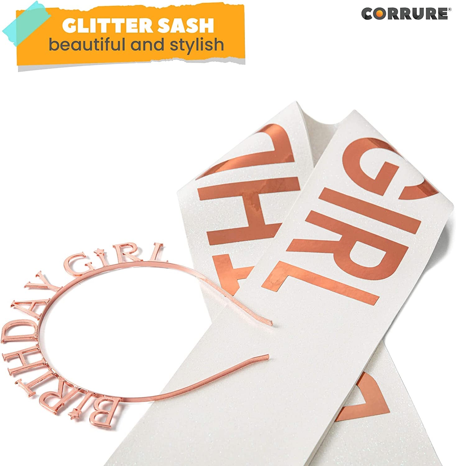 CORRURE 'Birthday Girl' Sash and Headband Tiara - White Glitter with Rose Gold Foil Happy Birthday Sash and Tiara for Women - Party Favors Supplies and Decorations for 18Th 21St 30Th 40Th Bday Party Apparel & Accessories > Clothing Accessories > Sashes Pego Brands General   