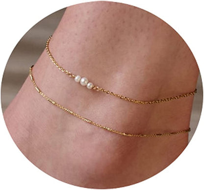 Pencros Dainty Layered Anklet,14K Gold Filled Cute Beads Satellite Chain Heart Boho Adjustable Anklets for Women Teen Girls Apparel & Accessories > Jewelry > Anklets Pencros pearl-gold  