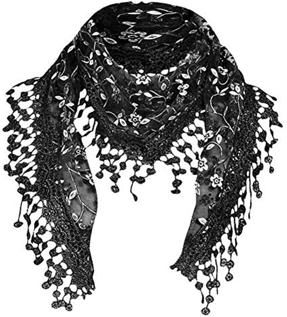 Cotchear Lace Scarf Floral Crochet Lightweight Tassel Sheer Wrap Scarves Shawl Apparel & Accessories > Clothing Accessories > Scarves & Shawls Cotchear Black  