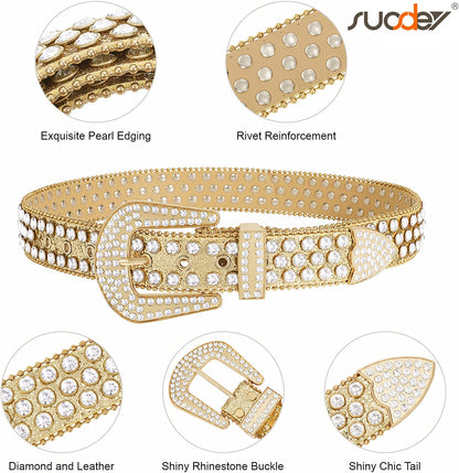 Men Women Fashion Rhinestone Belt SUOSDEY Western Cowgirl Bling Studded Design Leather Diamond Belt for Jeans Dress Apparel & Accessories > Clothing Accessories > Belts SUOSDEY   