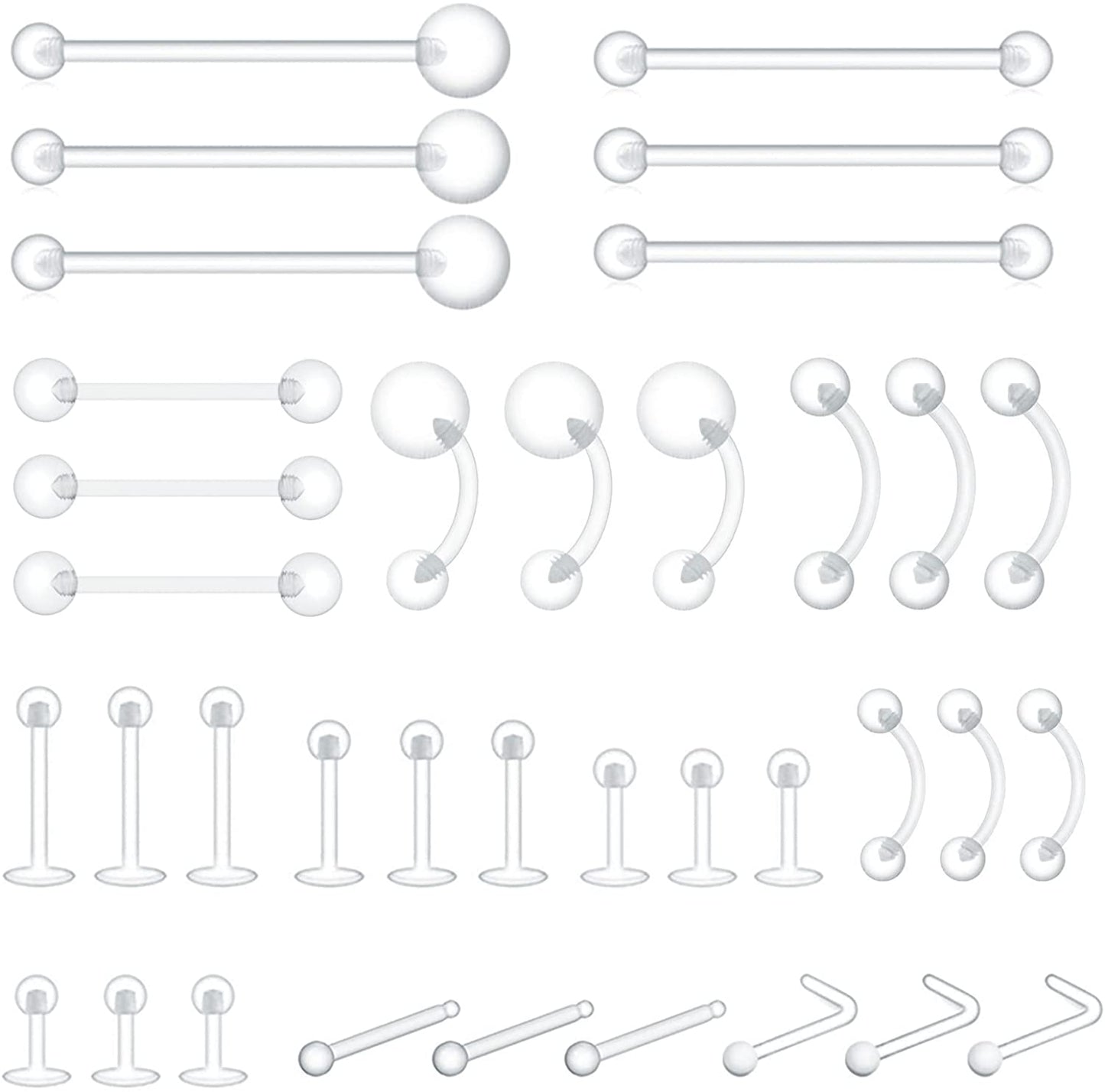 Piercingart 36Pcs Clear Piercing Retainers Bioflex Nose Tongue Nipple Belly Rings Eyebrow Lip Nose Studs Cartilage Tragus Earring Retainer Industrial Bar Plastic Piercing Jewelry for Surgery Apparel & Accessories > Jewelry > Body Jewelry PiercingArt 36 Pcs Mix Style  
