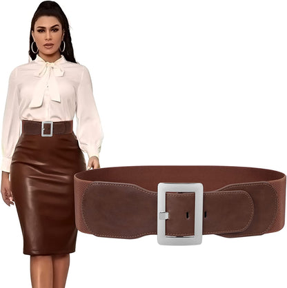 Women Wide Cinch Waist Belt Ladies Fashion Belt for Dresses with Metal Buckle Apparel & Accessories > Clothing Accessories > Belts SUOSDEY 06-coffee - Silver Buckle Fit Waist 25"-29" 