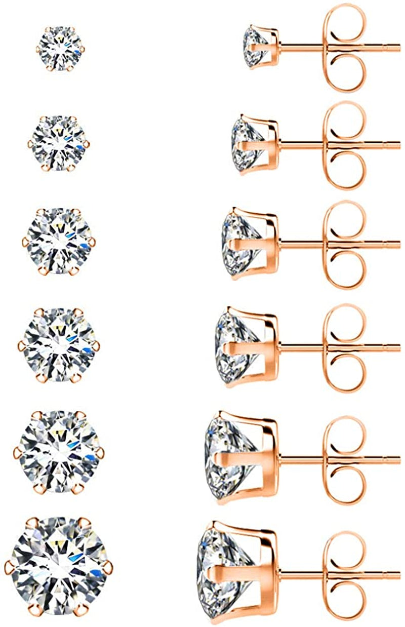 UHIBROS 6 Pairs Stainless Steel Stud Earrings Set Hypoallergenic Cubic Zirconia 14K White Gold 316L CZ Earrings Apparel & Accessories > Jewelry > Earrings UHIBROS Rose Gold  
