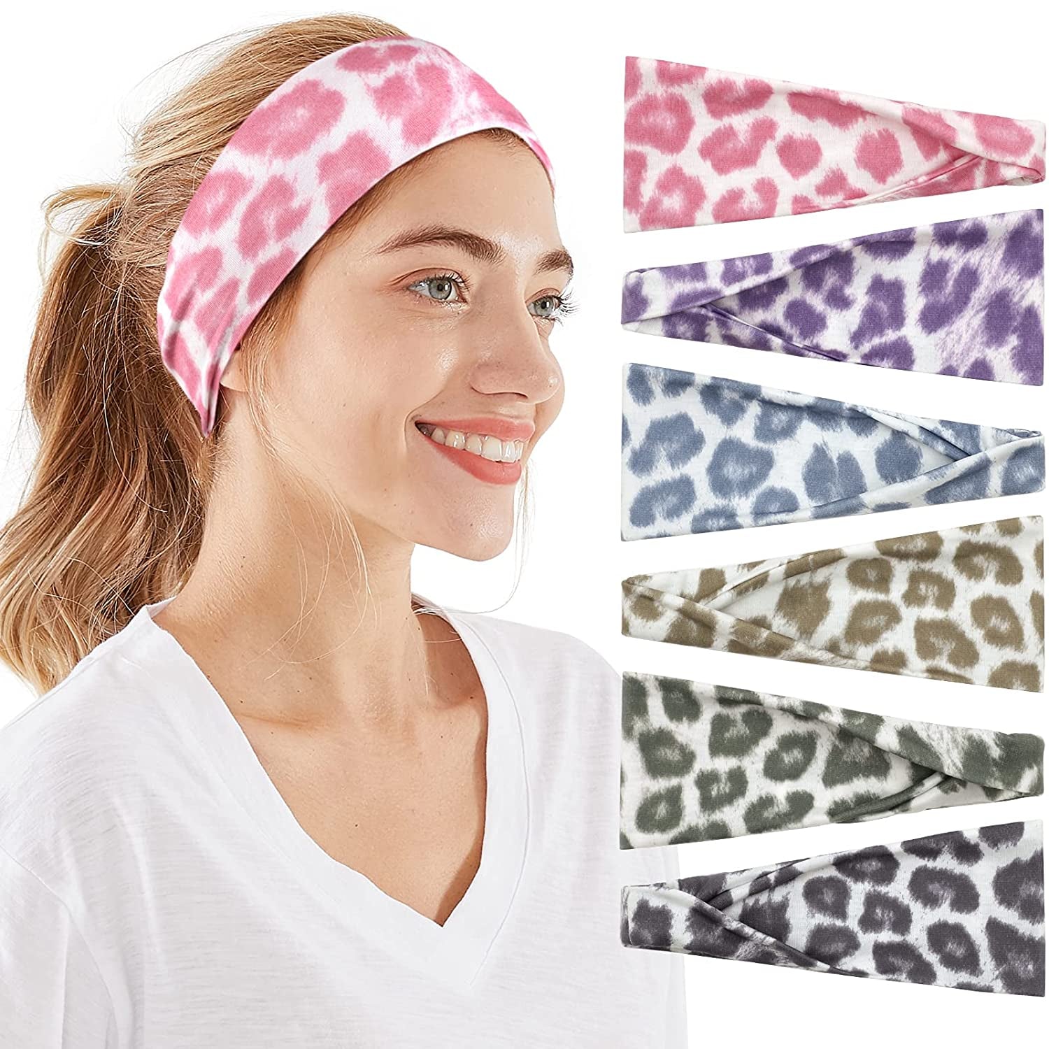Headbands for Women, 6 PCS Yoga Running Sports Headbands Tie Dye Boho Pattern Elastic Non Slip Sweat Workout Hair Fashion Bands for Girls Apparel & Accessories > Clothing Accessories > Bandanas & Headties OFFTESTY Headbands Color-14  