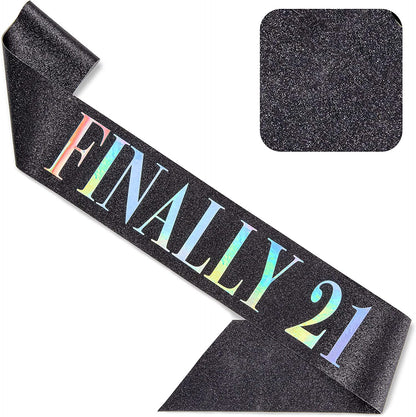 CORRURE 'Finally 21' Birthday Sash with Glitter -Black Sash with Multicolor Foil 21St Birthday Sash for Men and Women-Ideal Twenty One Sash Party Favors Supplies and Decorations for Your 21 Bday Party Apparel & Accessories > Clothing Accessories > Sashes CORRURE   