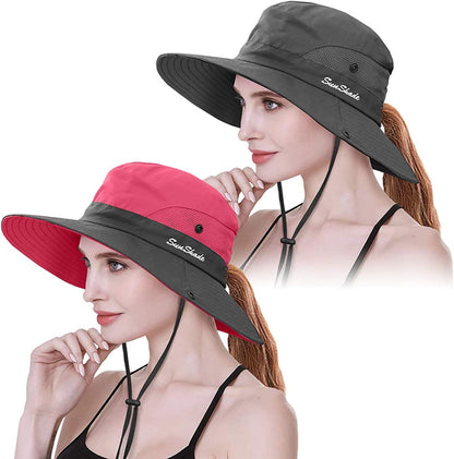 IYEBRAO 2 Pack Womens Ponytail Sun Hat UV Protection Bucket Hats Foldable Wide Brim Summer Boonie Beach Cap Fishing Hiking Apparel & Accessories > Clothing Accessories > Hats 29 IYEBRAO Watermelon Red & Grey  
