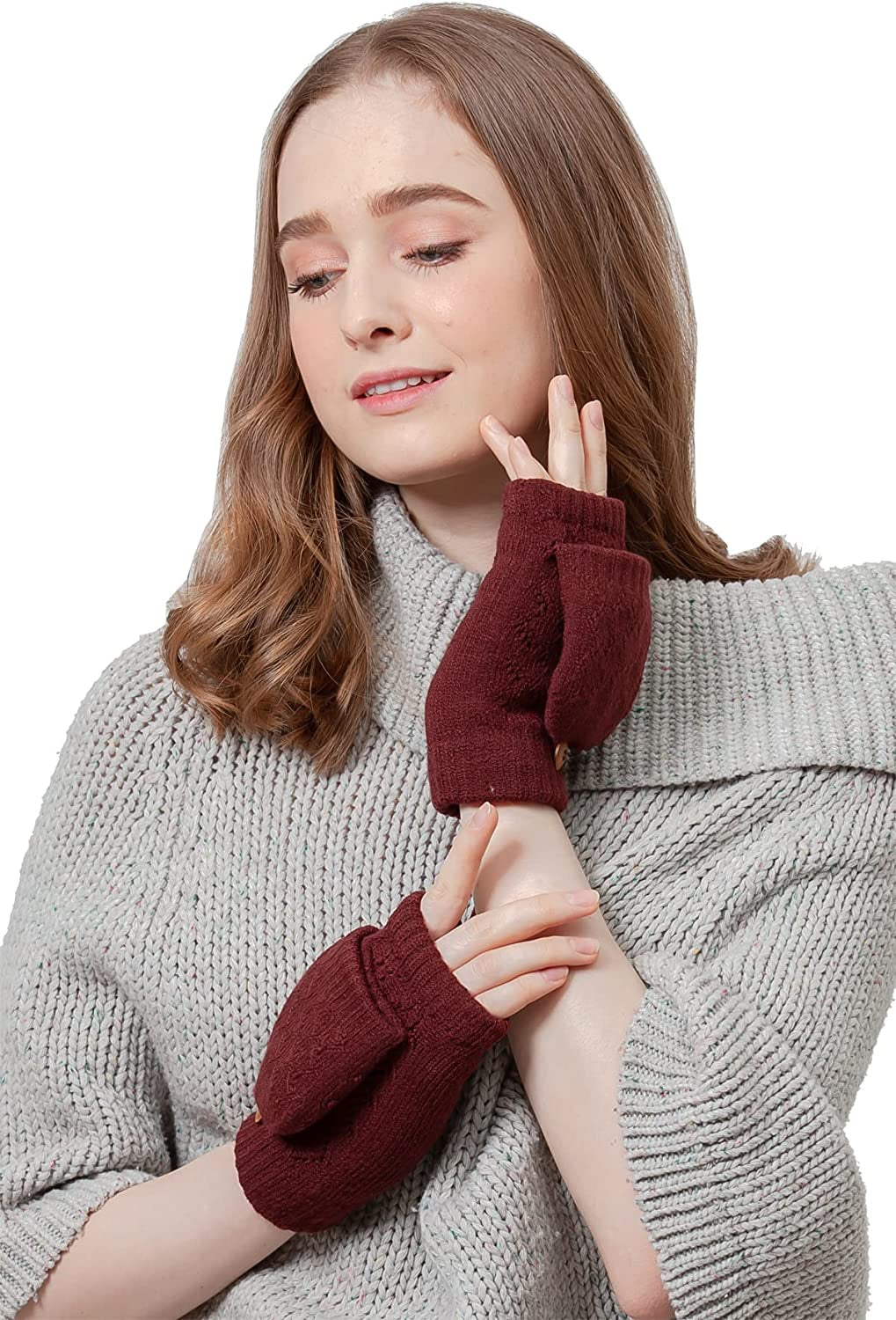 BYOS Women'S Winter Cozy Diamond Pattern Fleece Lined Flip Top Convertible Knit Gloves Mittens Apparel & Accessories > Clothing Accessories > Gloves & Mittens Be Your Own Style Wine  