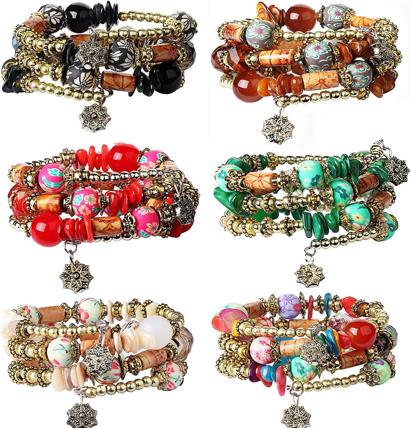 FIBO STEEL 6 Sets Bohemian Stackable Bead Bracelets for Women Stretch Multilayered Bracelet Set Multicolor Jewelry Apparel & Accessories > Jewelry > Bracelets FIBO STEEL D: 6 Sets  