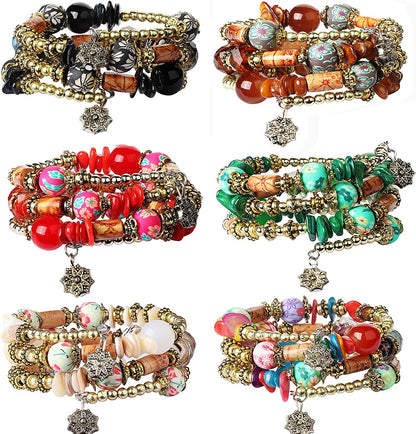 FIBO STEEL 6 Sets Bohemian Stackable Bead Bracelets for Women Stretch Multilayered Bracelet Set Multicolor Jewelry Apparel & Accessories > Jewelry > Bracelets FIBO STEEL D: 6 Sets  