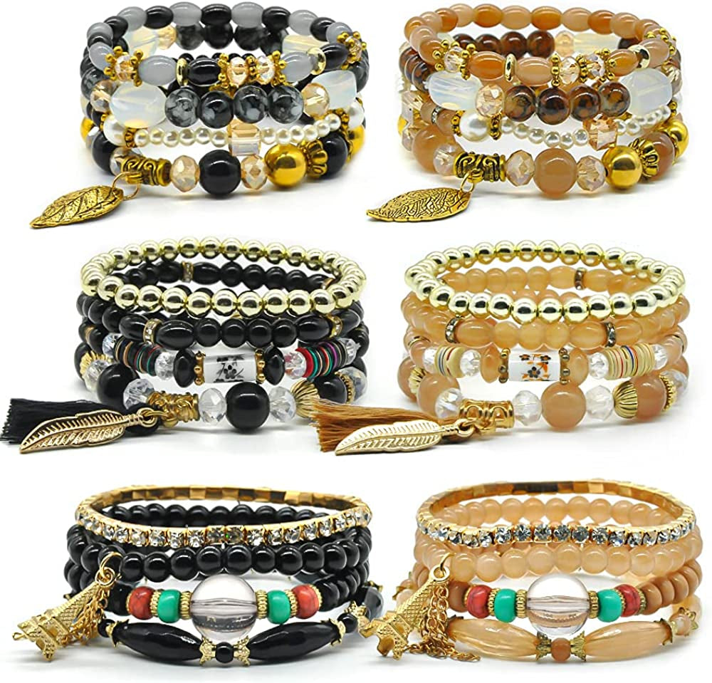 Bohemian Bracelet Sets for Women - 6 Sets Stackable Stretch Bracelets Multi-Color Boho Jewelry for Women Hippie Bracelets Dainty Jewelry Best Friend Gift Apparel & Accessories > Jewelry > Bracelets VONRU Black & Brown Bracelet Set  