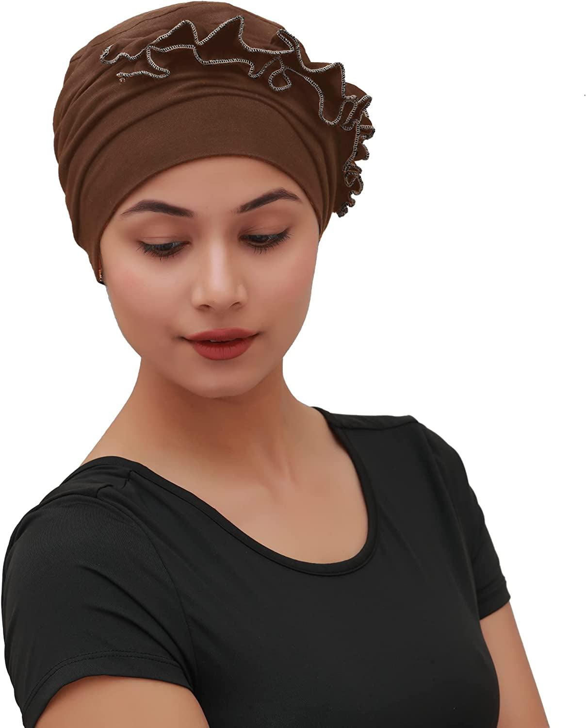 SAKUCHI Women Chemo 2 Piece Ruffle Cap & Band for Cancer Hair Loss Women Silky Soft Bamboo Headwear (2 Piece) Apparel & Accessories > Clothing Accessories > Headwear SAKUCHI Brown  