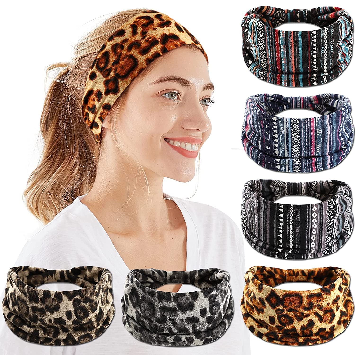 Headbands for Women, 6 PCS Yoga Running Sports Headbands Tie Dye Boho Pattern Elastic Non Slip Sweat Workout Hair Fashion Bands for Girls Apparel & Accessories > Clothing Accessories > Bandanas & Headties OFFTESTY Headbands Color-5  