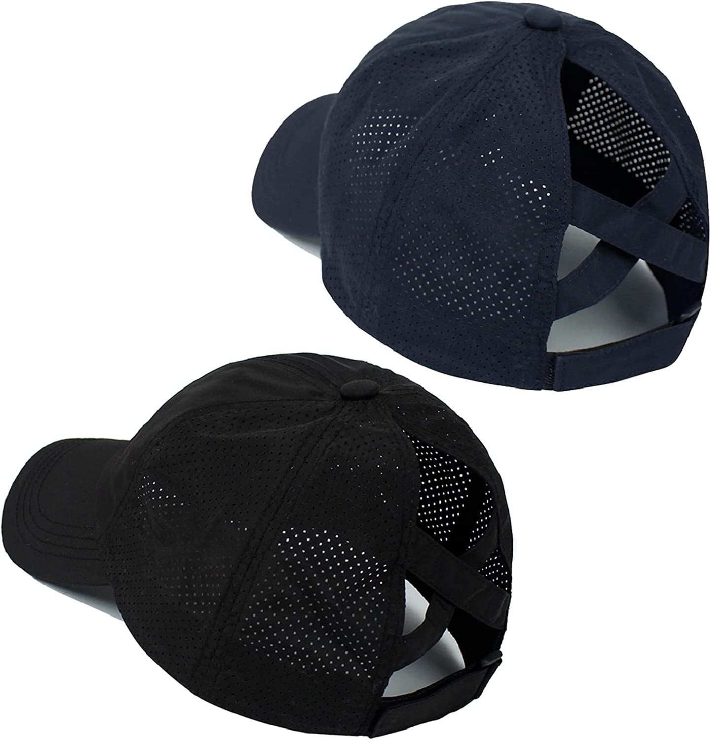 HGGE 2 Pack Womens Criss Cross Ponytail Baseball Caps Adjustable High Messy Bun Ponycap Quick Drying Hat Apparel & Accessories > Clothing Accessories > Hats HGGE Black & Navy Blue  