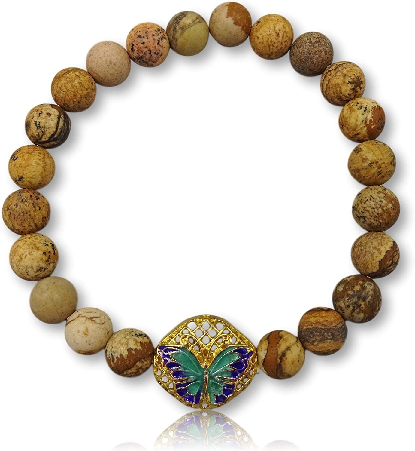 MGR MY GEMS ROCK! 8MM Natural Gem Stone Bead Charm Bracelet Cloisonne Butterfly Charm CZ Leopard Head Charm Beaded Stretch Elastic Chakra Bracelet Apparel & Accessories > Jewelry > Bracelets MGR MY GEMS ROCK! matte picture jasper  