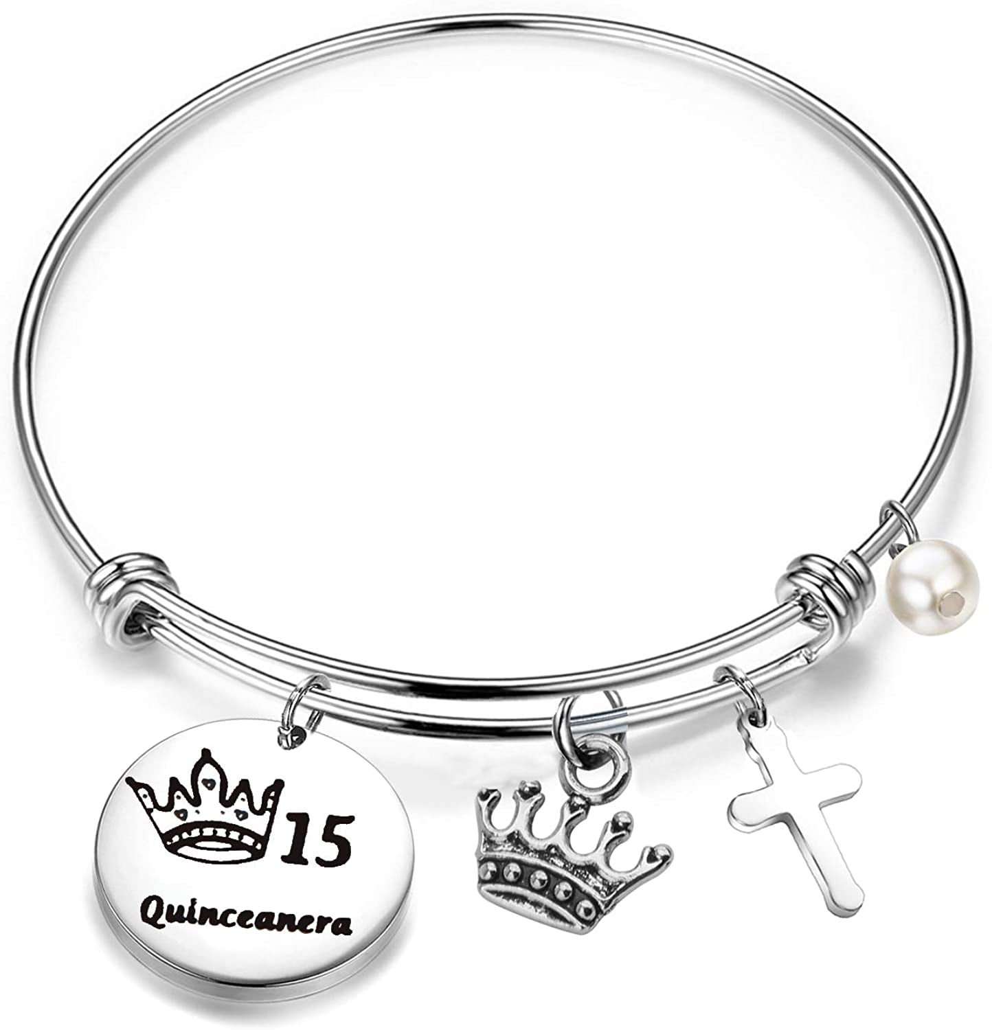 FEELMEM Quinceanera Gift 15Th Birthday Bracelet Girls Sweet 15Th Quinceanera Expandable Wire Bangle Quince Jewelry Happy 15Th Birthday Gift for Girls (Silver) Apparel & Accessories > Jewelry > Bracelets FEELMEM   
