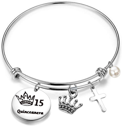 FEELMEM Quinceanera Gift 15Th Birthday Bracelet Girls Sweet 15Th Quinceanera Expandable Wire Bangle Quince Jewelry Happy 15Th Birthday Gift for Girls (Silver) Apparel & Accessories > Jewelry > Bracelets FEELMEM   