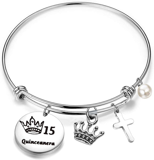 FEELMEM Quinceanera Gift 15Th Birthday Bracelet Girls Sweet 15Th Quinceanera Expandable Wire Bangle Quince Jewelry Happy 15Th Birthday Gift for Girls (Silver) Apparel & Accessories > Jewelry > Bracelets FEELMEM   