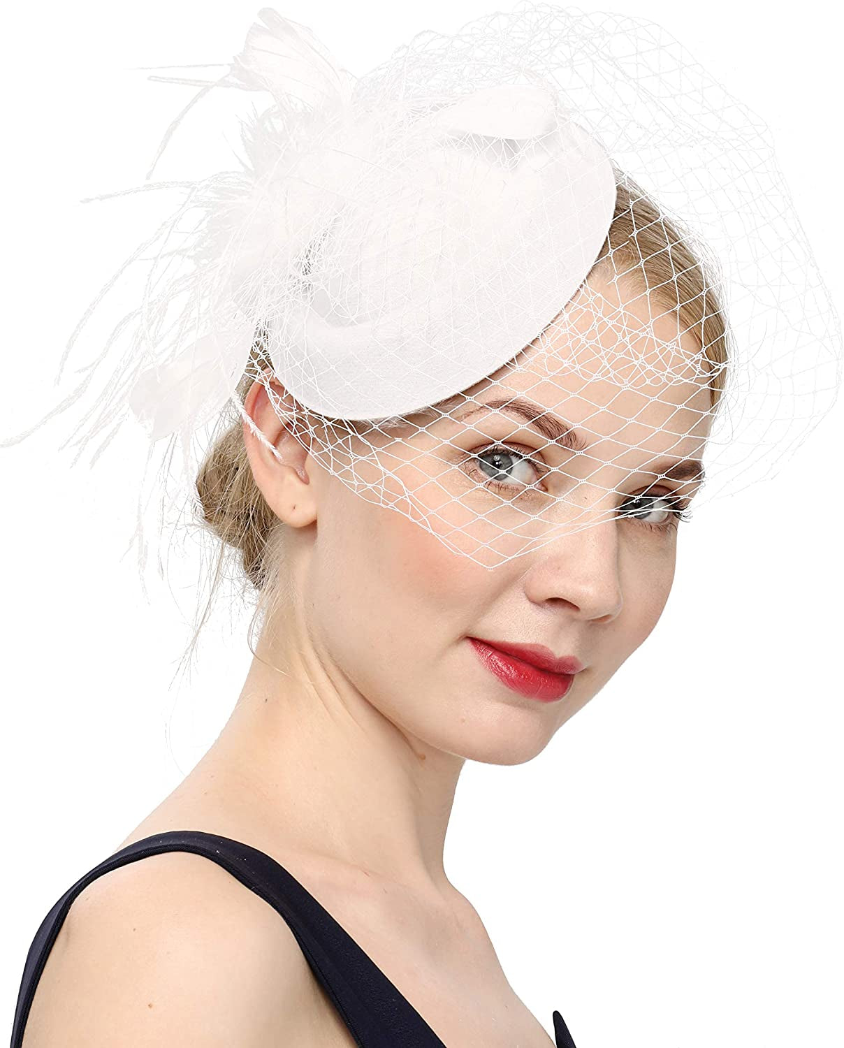 Fascinators Hats 20S 50S Hat Pillbox Hat Cocktail Tea Party Headwear with Veil for Girls and Women Apparel & Accessories > Clothing Accessories > Headwear Cizoe B-white  